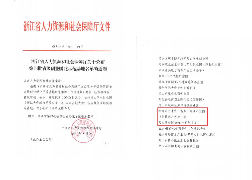 喜訊！臨海東方永安（浙東）電商產(chǎn)業(yè)園獲評省級創(chuàng)業(yè)孵化示范基地